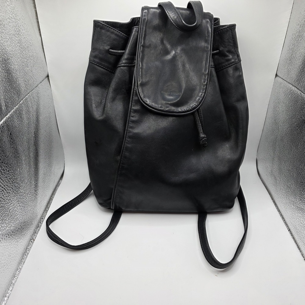 Marco Buggiani Black‎ Leather Backpack Made in Italy Vintage Drawstring Flap Bag
